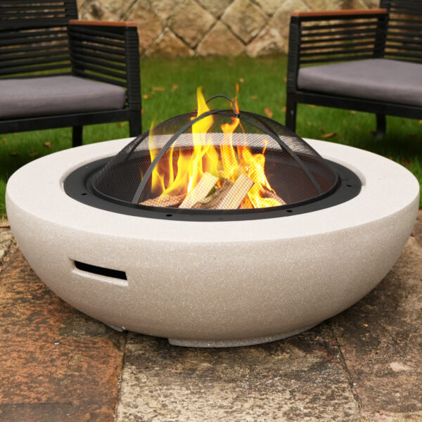 Round Wood Burning Concrete Outdoor Fire Pit,35.43" Heat Resistant MGO Ceramic Material Base with BBQ Grill Firepit for Patio Garden,Backyard Barbecue,Outdoor Gatherings Light Gray