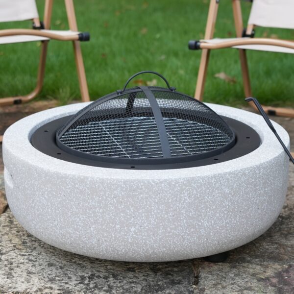 Round Wood Burning Concrete Outdoor Fire Pit, Heat Resistant MGO Ceramic Material Base with BBQ Grill for Patio Garden, Backyard Barbecue, Outdoor Gatherings, Light Gray