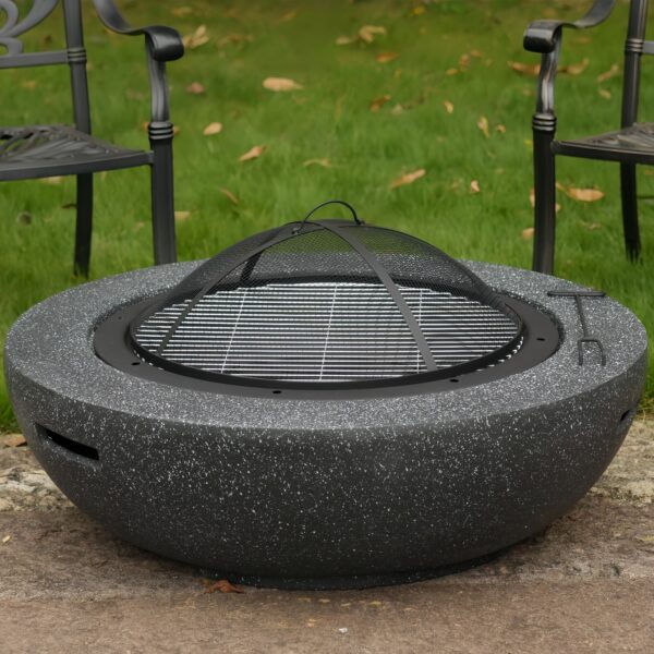 Loomdeen Round Wood Burning Concrete Outdoor Fire Pit,35.43" Heat Resistant MGO Ceramic Material Base with BBQ Grill Firepit for Patio Garden,Backyard Barbecue,Outdoor Gatherings Black